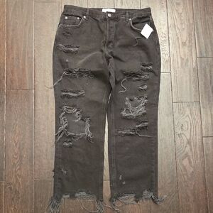 Free People Black Baggy Distressed Cropped Pants